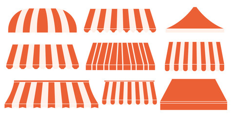 Canopy Awning Shop Roof Flat Set. Red and White Stripe Tent Store Collection. Vector Illustration