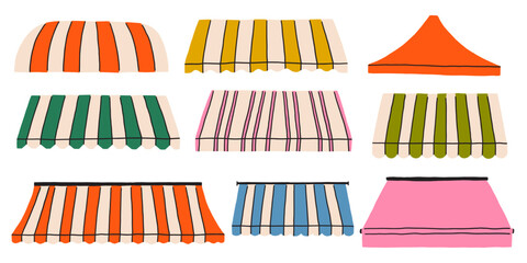 Canopy Awning Shop Roof Hand Drawn Set. Colorful Stripe Tent Store Collection. Vector Illustration