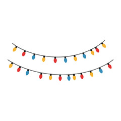 Colorful holiday lights on string wires for festive decorations. Christmas and New year celebration vector illustration. Decor for back yard and porch
