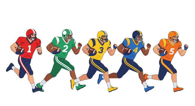 A diverse team of five American football players in colorful uniforms running in unison with the ball