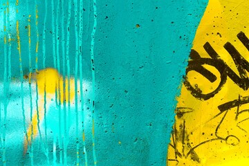 Abstract graffiti art with turquoise, yellow, black splatters. 90s, urban street style, vibrant colors. Background, digital art, creative projects, modern 2000s street culture visuals.