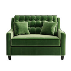 Naklejka premium Modern green velvet armchair, tufted upholstery lounge chair. Cozy living room seating furniture for interior design isolated PNG with Transparent Background