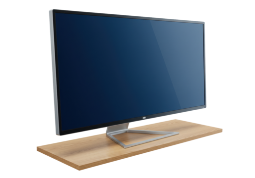 Isolated desktop computer monitor on wooden platform for workspace display, office equipment