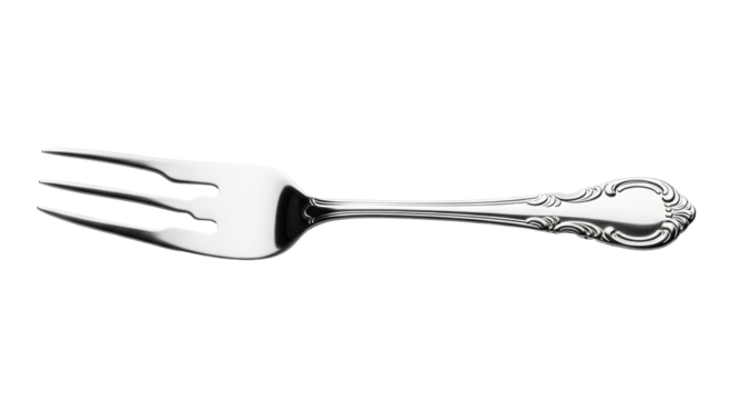 Isolated fish fork with ornate handle for elegant dining, serving food, silverware
