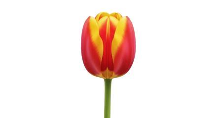 Isolated blossoming tulip with reddish petals and yellow accents close-up on the stem