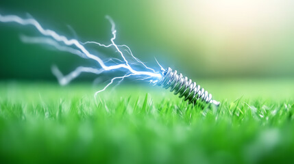 Fototapeta premium A close-up of a metallic screw on grass, with electric sparks emitting, symbolizing energy and innovation in technology.