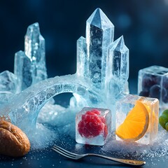 Macro shot of fruits and vegetables releasing visible, glowing air currents concept of living food and freshness energy, minimal white background.		
