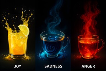 Different drinks representing emotions  joy as bright yellow citrus splash, sadness as dark blue coffee swirl, anger as red-hot tea steam conceptual beverage art on black background.		
