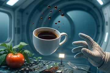 A cup of coffee floating mid-air inside a space station, droplets forming perfect spheres, astronaut hand reaching for it  cosmic morning routine, clean sci-fi lighting.		
