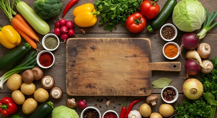 Fresh, healthy organic vegetables like tomatoes, peppers, onions, and garlic are ready for cooking on a wooden boardFresh, healthy organic vegetables like tomatoes, peppers, onions, and garlic 