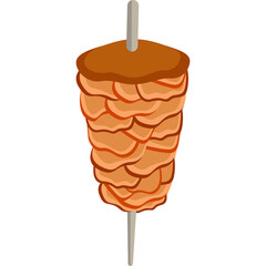 Vertical Spit Roasted Meat Shawarma Doner Kebab on Metal Skewer with Brown Top Layer and Thin Slices of Cooked Meat Isolated on Transparent Background Simple Flat Design