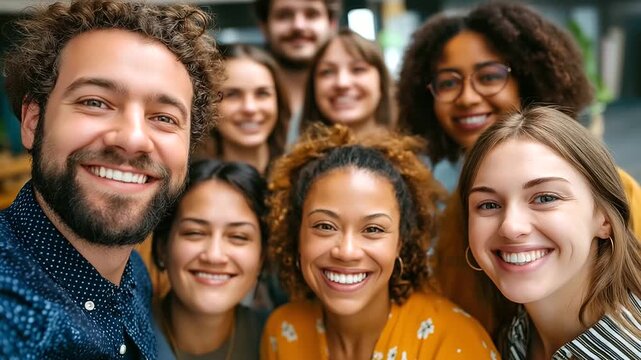 A group of diverse young adults, including interracial couples and plus-size individuals, posing closely together, diversity, inclusivity, interracial couples, plus-size models, fr