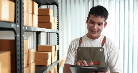 A confident online entrepreneur managing customer orders and digital marketing for his e-commerce business, symbolizing innovation, technology, and customer service excellence in modern trade. - Powered by Adobe