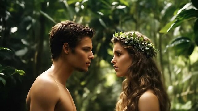 Adam and Eve in the garden of Eden. Religious biblical concept.