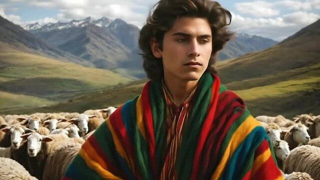 Joseph wearing a coat of many colors with flock of sheep in the background. Biblical concept.
