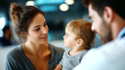 Parents with a child consulting a doctor in a medical office, discussing health, parents child doctor visit, pediatric consultation, family medical meeting, doctor office support, - Powered by Adobe
