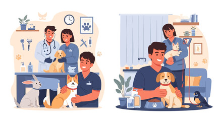 Veterinarian and pet owner bonding with adorable animals, showcasing care, health, and happy moments at the clinic