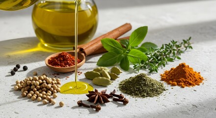 Green organic tea ingredients of dried leaves, herbs, and spices in a wooden bowl with a wooden spoonGreen organic tea ingredients of dried leaves, herbs, and spices in a wooden bowl with a wooden 