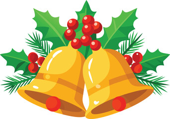 Two gleaming golden christmas bells with holly and pine sprigs festive vector art