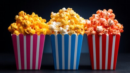 Three vibrant striped glasses showcase a selection of appetizing popcorn in yellow, white, and orange hues
