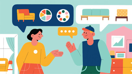 Illustration Of A Person Is Asking A Friend For Advice On Decorating Their Home Vector Design Template