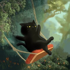 Black cat playing on the swing