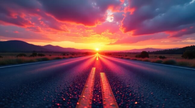 A long asphalt path extends toward the captivating horizon as a dramatic sun paints the evening sky with spectacular shades of fiery orange and radiant red, creating a picturesque natural scene.