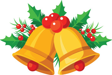Festive golden christmas bells illustration with holly berries and pine branches
