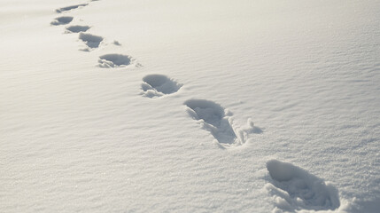 Footprints in fresh white snow leading into distance, minimal winter scene with soft natural light and untouched snowy surface