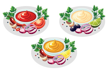 A set of sauces- mustard, ketchup and mayonnaise. Vector illustration
