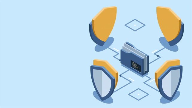 Isometric folder with shield animation. Data protection. Folder security. Safe documents and folder. Isometric technology. 4K video animated in isometric style