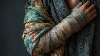 Broken arm with scarf sling. Person with injured arm wrapped in bandages and colorful fabric shawl, emotional close-up portrait in soft moody lighting and textured clothing