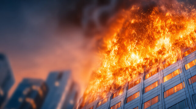A dramatic image of a burning building, showcasing the devastating effects of fire on urban environments and the urgency for safety.