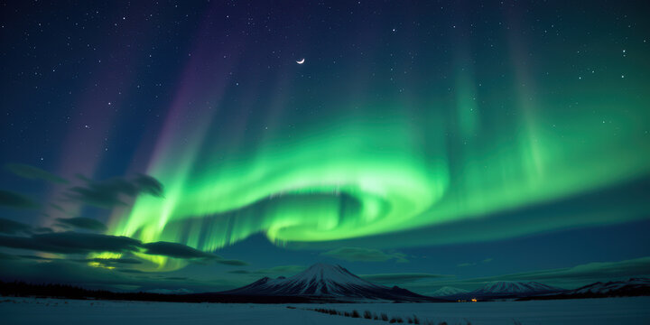 Aurora borealis night sky crescent moon over snowy mountain landscape glowing green ribbons of light with stars