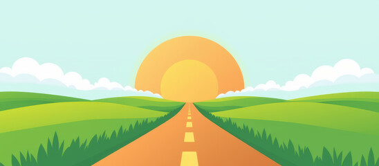 Obraz premium Sunrise road countryside horizon green hill landscape warm morning journey hopeful