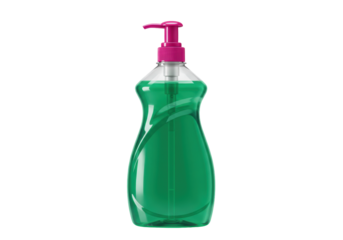 Isolated dish soap bottle with pink pump dispenser containing green liquid for washing dishes