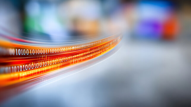 A dynamic abstract representation of data flow, featuring binary code and vibrant light trails symbolizing connectivity and innovation.