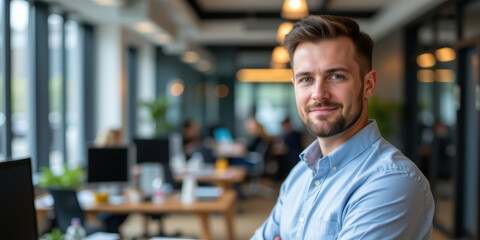 Fototapeta premium Professional man in modern office smiling confidently with arms crossed, warm lighting, collaborative workspace