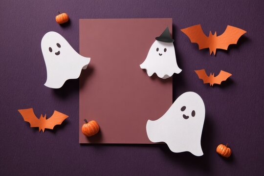 Blank brown paper sheet with Cute Halloween purple background. Black bats, comical ghosts, orange pumpkins. Modern Holiday Greeting card, trendy fall design. October party border. Maroon color. 2026