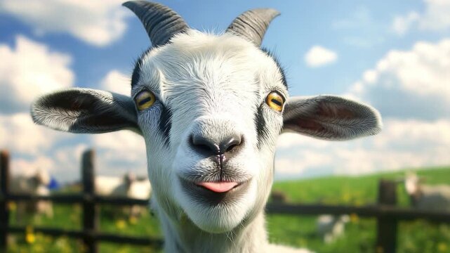 A goat sticking its tongue out at the viewer, standing in front of a wooden fence