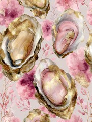 Obraz premium Luxury Oyster Pearl and Seashell Pattern with Pink Flowers and Gold Texture. Elegant and luxurious seamless pattern featuring open oysters with pearls, soft pink seashells, delicate flowers.