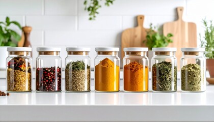 A neat row of spice jars in a modern kitchen&mdash;filled with turmeric, herbs, chili, and seasonings&mdash;showcasing freshness, organization, and the vibrant essence of culinary creativity and home cooking.