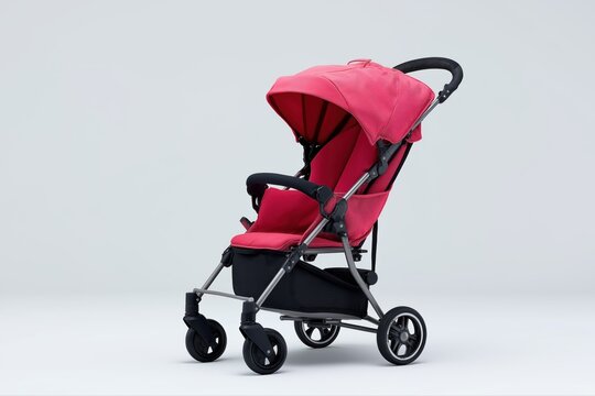 Bright red baby stroller with canopy and adjustable seat on grey background