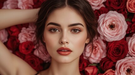 A Beautiful Young Woman's Face Framed by Lush Pink and Red Roses on a Romantic Floral Backdrop