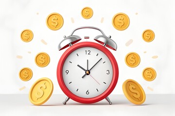 Alarm Clock Surrounded by Floating Coins, Time is Money Concept with Copy Space