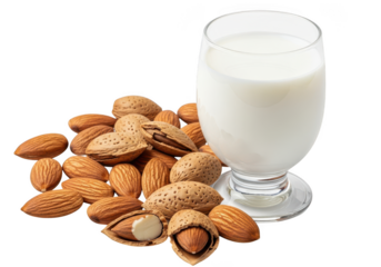 Glass of almond milk with almonds isolated on transparent background in studio