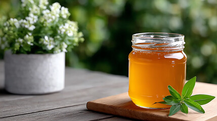A jar of honey with mint leaves on a wooden board, surrounded by a serene green background, perfect for healthy living.