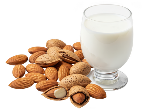 Glass of almond milk with almonds isolated on transparent background in studio