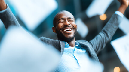 A joyful businessman celebrating success as he throws papers in the air, embodying achievement and enthusiasm in a professional setting.