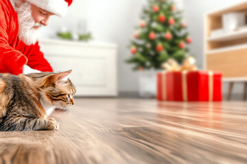 A joyful Christmas scene featuring a cat and Santa, capturing the festive spirit with a decorated tree and wrapped gifts.